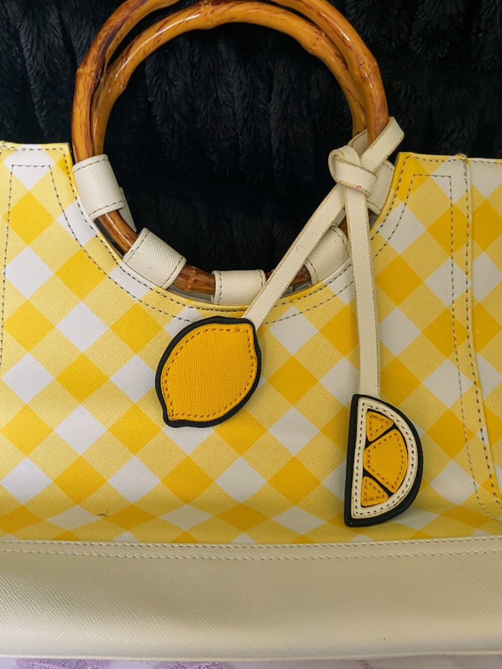 Carlos Santana Yellow Gingham Lemon Tote Bag with Bamboo Handles